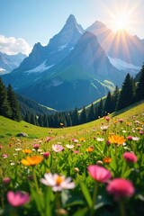 Serene meadow nestled in a majestic mountain range, bathed in the warm glow of sunlight Wildflowers bloom vibrantly against the rugged peaks A tranquil scene of natural beauty , calm, untouched