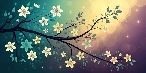Floral Branch with Blossoms and Bokeh Lights Springtime Illustration with Elegant Design Dreamy Atmosphere and Pastel Colors for Backgrounds and Creative Projects