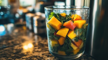 A glass container filled with diced mango, peach, and leafy greens.