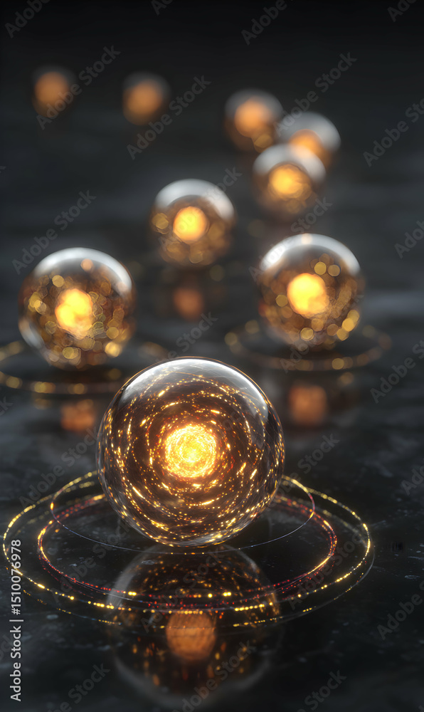 Poster enigmatic orbs of light hover in darkness creating a mesmerizing abstract scene with golden reflecti