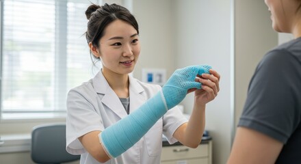 Obraz premium Doctor examining patient's arm cast in clinic