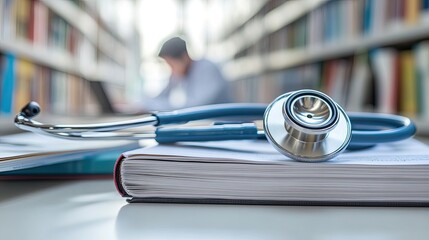 A medical student studies diligently in the library as a stethoscope rests on textbooks under soft