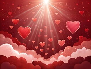 Romantic Valentine s Day Background with Red Hearts Clouds Sparkling Stars and a Radiant Light Burst for Festive Celebrations and Love Themes