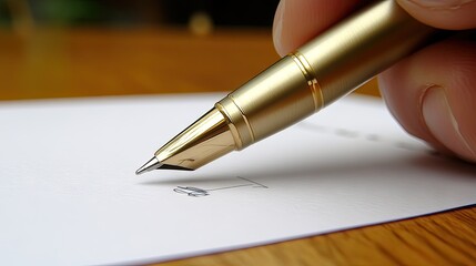 Close-up of a gold fountain pen writing on a white document.