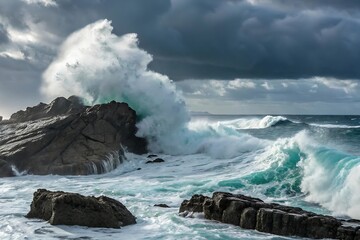 Dramatic Ocean Waves Crashing Against Rocky Shoreline Under Stormy Sky Showing the Power and Beauty of Nature s Untamed Forces