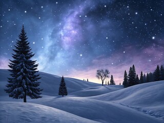 Winter Wonderland Under a Starry Night Sky Snow Covered Hills and Evergreen Trees Illuminated by the Milky Way Galaxy s Glow