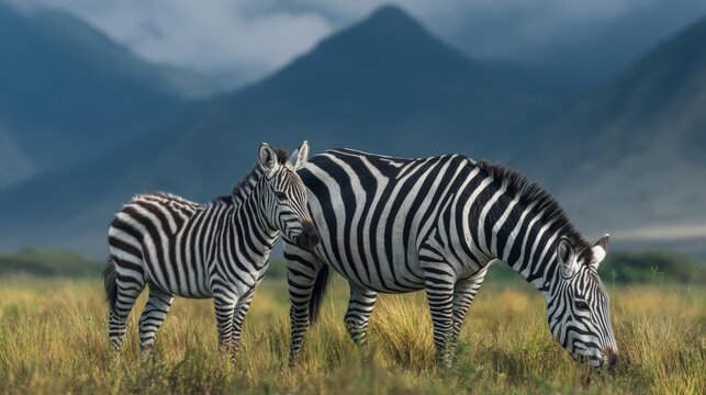 Zebra and foal grazing in Ngorongoro Crater under mountainous backdrop