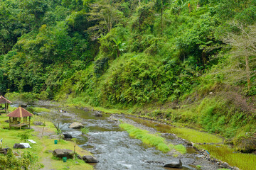 view of a rocky river flowing between dense forest and hills with a small gazebo on the riverbank.