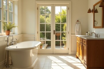 A standard bathroom with a bathtub, sink, and window for natural light