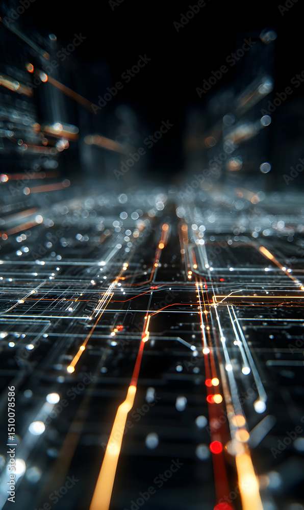 Poster abstract technology design with glowing lines representing data flow in a complex system network fut