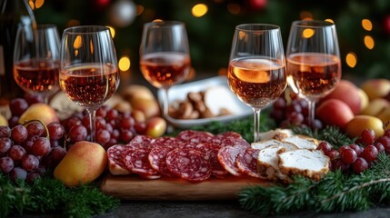 Elegant Holiday Table Setting with Wine and Charcuterie Plate