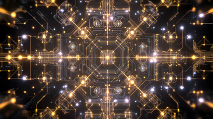 Abstract Technology Background with Glowing Golden Lines and Points, Representing Artificial Intelligence