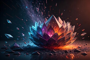 Abstract Crystal Lotus Flower with Shattered Fragments and Radiant Light a Surreal and Mystical Gemstone Bloom on a Dark Background