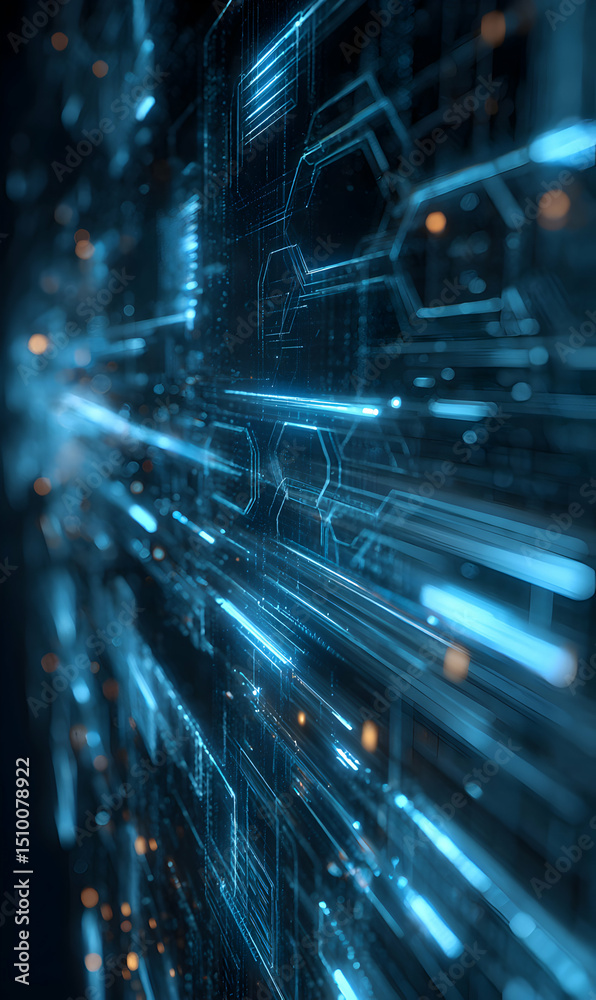 Poster futuristic technology circuitry background with glowing blue lines and data streams for high tech co