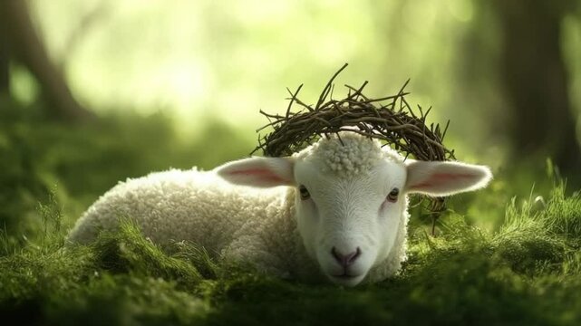 A Lamb in the Sacred Woods: A pure and innocent lamb rests in a verdant, sun-dappled forest, bearing a crown of twigs. The video exudes a sense of peace, tranquility, and spiritual reflection.