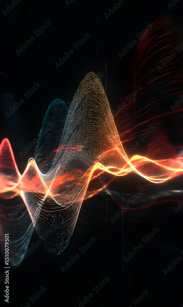 Poster abstract digital sound wave visualization with glowing elements on a dark background representing te