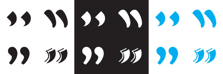 Set of diverse quotation marks, black, white and blue  symbols  calligraphic styles.  Vector for websites, mobile interfaces, presentations, banner, visual branding etc. Vector illustration. EPS 10