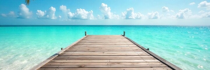 Obraz premium Serene beach dock extending into calm turquoise water, sun-drenched wood planks, tranquil ocean scene perfect for relaxation and summer vacations , vacation, ocean