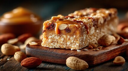 Crunchy peanut butter quinoa bar on a wooden board with scattered peanuts