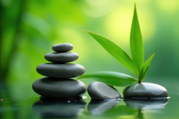A pile of black stones with a green leaf in the background