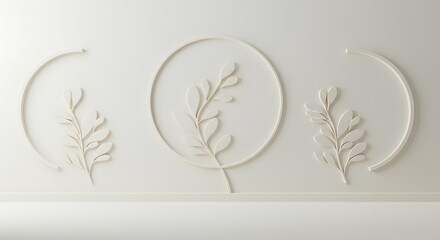 Minimalist white wall art featuring three embossed botanical designs within circular frames, exuding organic elegance and serene sophistication for modern interior decor