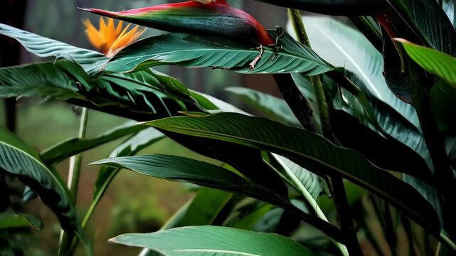 Striking tropical flower Bird of Paradise with vibrant orange petals and glossy green leaves, blooming against soft blurred forest background.