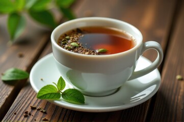 A cup of tea sits on a saucer, perfect for a cozy moment