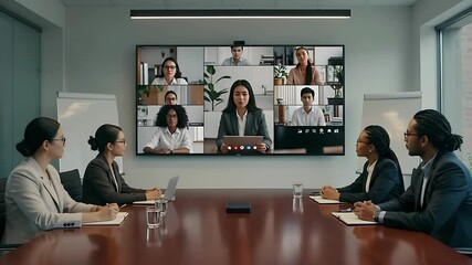 Business professionals engaged in a virtual meeting with diverse participants on a large screen - Powered by Adobe