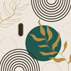 Modern collage of golden leaves, green circle and black linear semicircles on light gray banner for interior decoration.