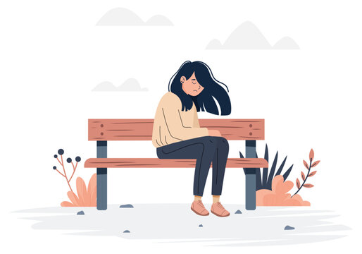 Illustration vectorielle minimaliste d&rsquo;une jeune femme assise sur un banc, recroquevill&eacute;e sur elle-m&ecirc;me, exprimant la tristesse, la solitude et les troubles li&eacute;s &agrave; la sant&eacute; mentale et &agrave; l&rsquo;anxi&eacute;t&eacute;