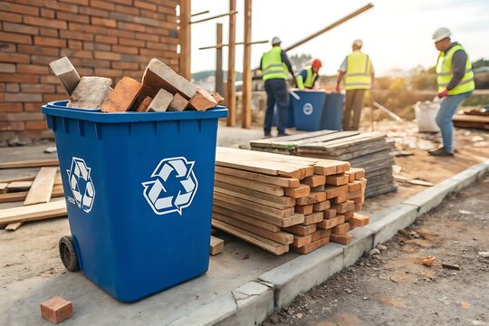 Overflowing blue recycling bin with bricks at construction site. Workers sort wooden planks. Promotes sustainability, reuse, waste management, and eco-friendly renovation using construction materials.