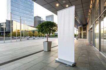 Customizable rollup banner mockup on isolated white background. Ideal for exhibitions, trade shows, advertising, business branding, marketing events, indoor or outdoor commercial display presentations