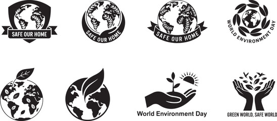 Naklejka premium A collection of Earth and nature-themed logos promoting environmental protection, sustainability, and global awareness for World Environment Day, emphasizing a safe future for our planet