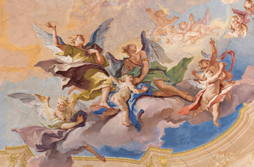 LODI, ITALY - MAY 21, 2025: The baroque fresco of angels in the chruch Chiesa di San Filippo Neri...