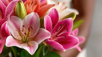 Fototapeta premium Bouquet of pink and white lilies held by gentle hands against a minimalist backdrop