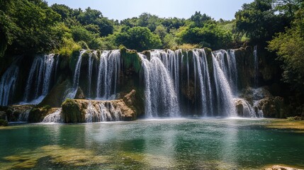 Obraz premium Waterfall cascades into a serene pool surrounded by lush greenery on a sunny day in a secluded natural setting