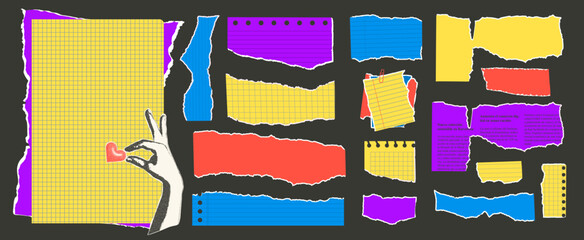 Set of torn edges vibrant papers collage. Tear sheet punk pieces pack. Note uneven texture stickers. Blanks for messages memo. Scrapbooking small paper. Vector hand drawn collection illustration.