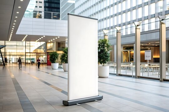 Customizable rollup banner mockup on isolated white background. Ideal for exhibitions, trade shows, advertising, business branding, marketing events, indoor or outdoor commercial display presentations