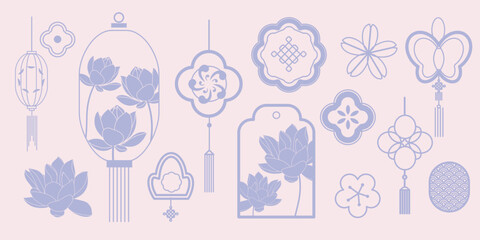 Luxury Oriental Asian ornament vector set. Chinese and Japanese paper lantern, cherry blossom, hanging fetish, lotus flower, pattern. Design for decorative card, poster, print, icon, background.