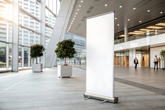 Customizable rollup banner mockup on isolated white background. Ideal for exhibitions, trade shows, advertising, business branding, marketing events, indoor or outdoor commercial display presentations