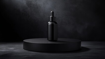 A luxurious dropper bottle for cosmetics is showcased on a two-toned display stand, emphasizing its elegant and high-end design