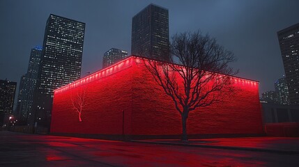 Urban Night Scene with Red Illumination and Cityscape Background