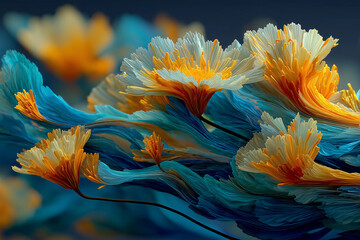 Abstract depiction of misted marigold waves over a dark blue background revealing intricate textures and colors in a visual masterpiece
