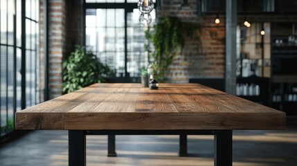 Rustic dining table made of wood and metal in loft interior