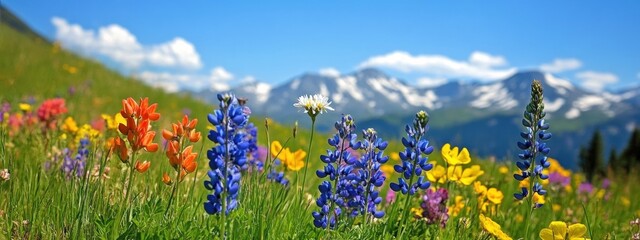 Vibrant wildflowers bloom in an alpine meadow with snow-capped mountains under a clear blue sky during springtime
