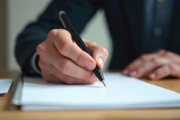 A businessman sitting at a desk or table, writing on a piece of paper