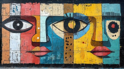 Vibrant Abstract Mural with Diverse Faces and Bold Colors