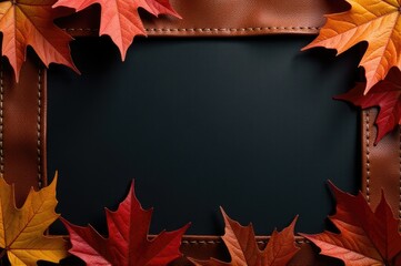 A decorative arrangement of autumn leaves within a leather frame, suitable for interior design or seasonal decoration