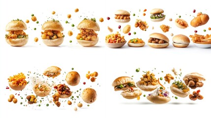 A dynamic collage showcases various mini-burgers with diverse toppings, including fried elements, peas, and sauces, artfully arranged against a stark white 