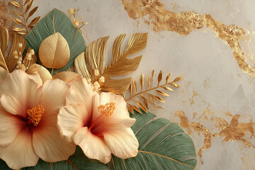 Modern botanical design showcasing Pantone Misted flowers with gold accents and lush green leaves in a contemporary artistic arrangement